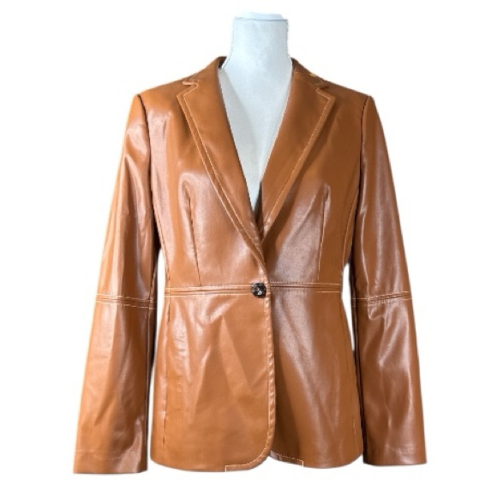 TOMMY HILFIGER Tan One-Button Vegan Leather Blazer, Size 8. - Picture 2 of 13